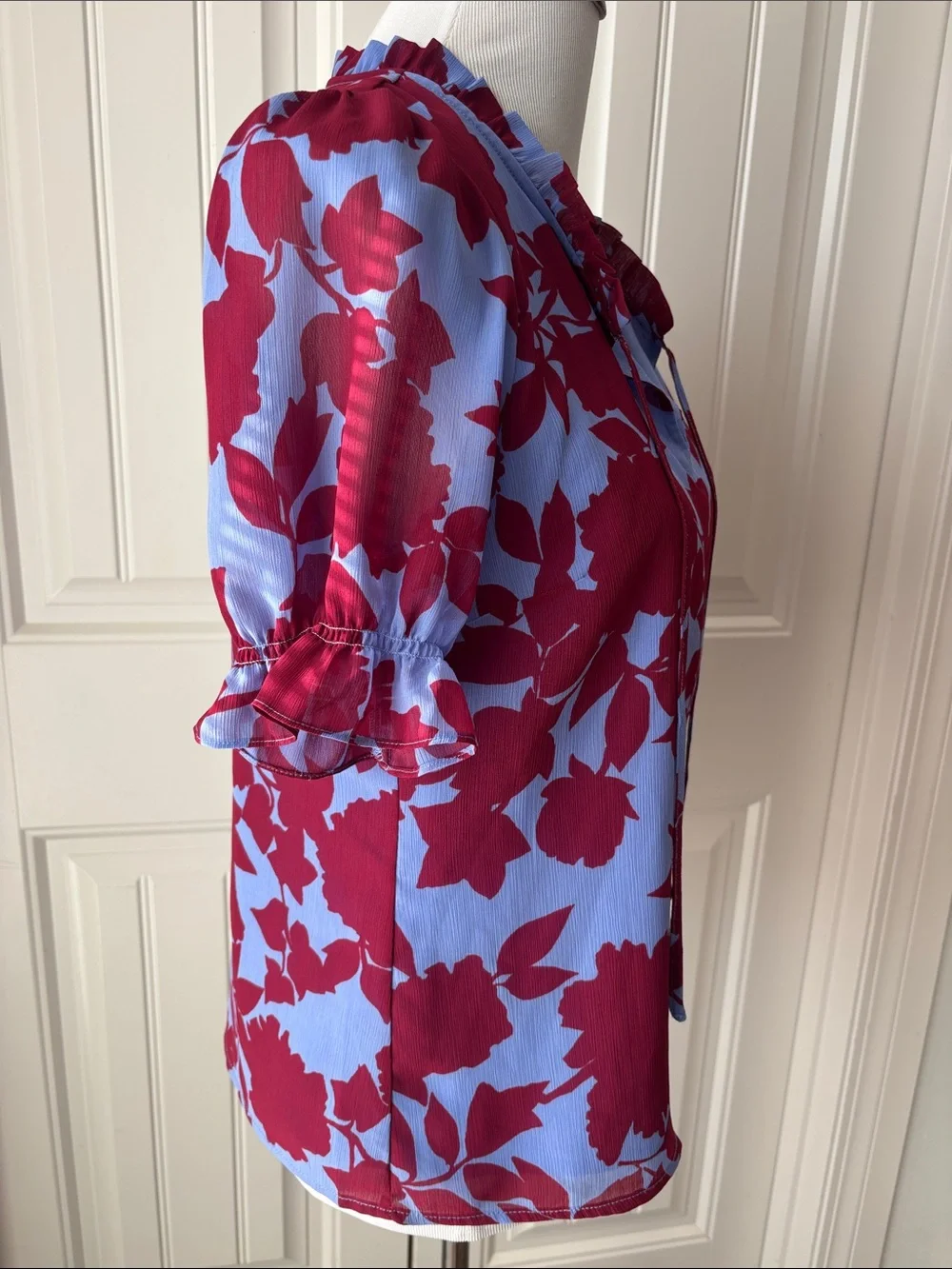 Women's Floral Tie-Neck Blouse in Blue and Burgundy